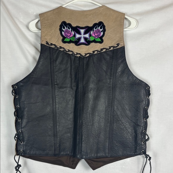 Hudson Leather Black and Tan Leather Braided Women's XL Vest with Laces and Flow - Picture 2 of 9